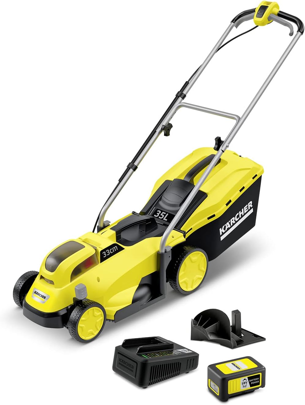 Kärcher 18 V Akku-Rasenmäher LMO 18-33 Battery Set, Schnittbreite: 33 cm, verstellbare Schnitthöhe: 35-65 mm, Mulchkeil, Fangkorb: 35 Liter, Leistung: max. 250 m², inkl. 5Ah Akku und Schnellladegerät