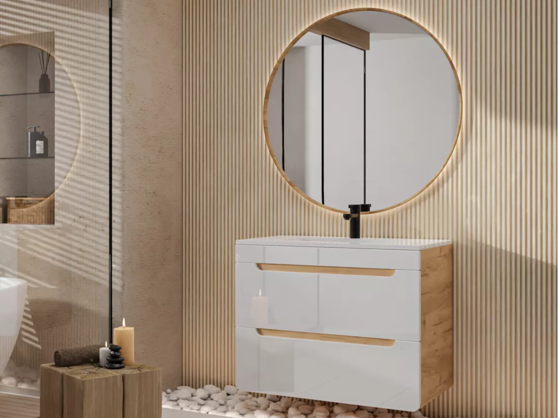 Meuble sous vasque suspendu coloris naturel et blanc - 80 cm - ARUBA
