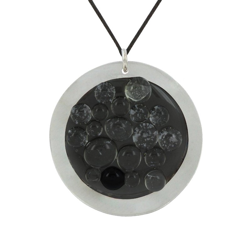 Grand Pendentif Pâte de Verre Bulles Noires