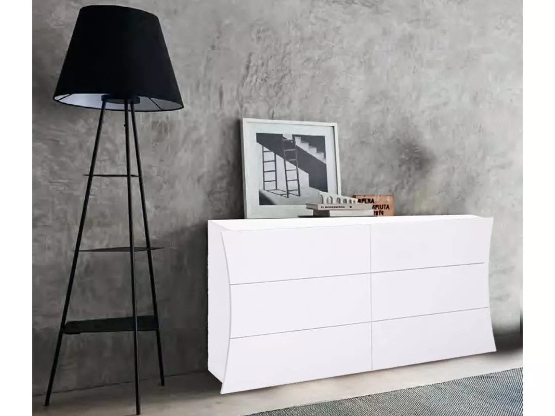 Commode Dhap, Commode 6 tiroirs, Commode de chambre, 100% Made in Italy, Blanc brillant, 155x40h82 cm