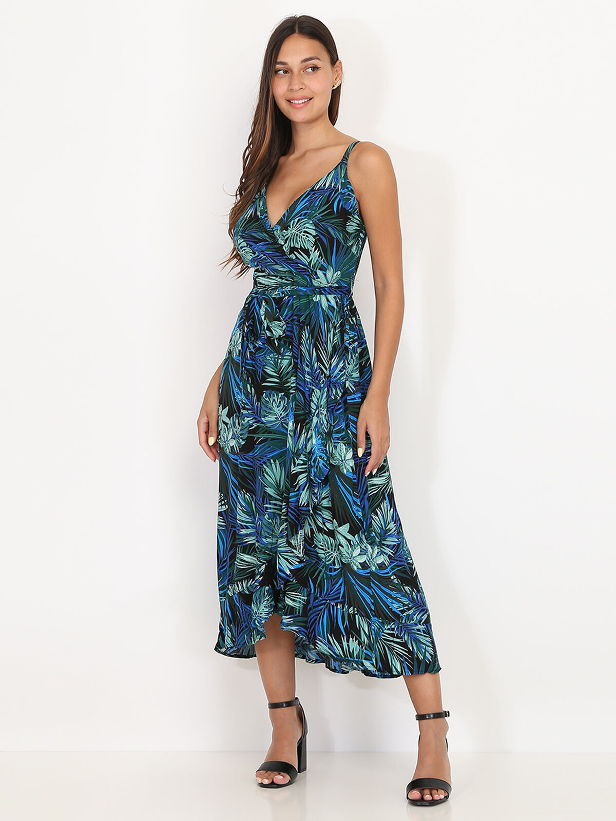 Robe à volants et feuilles tropicales- noir_bleu