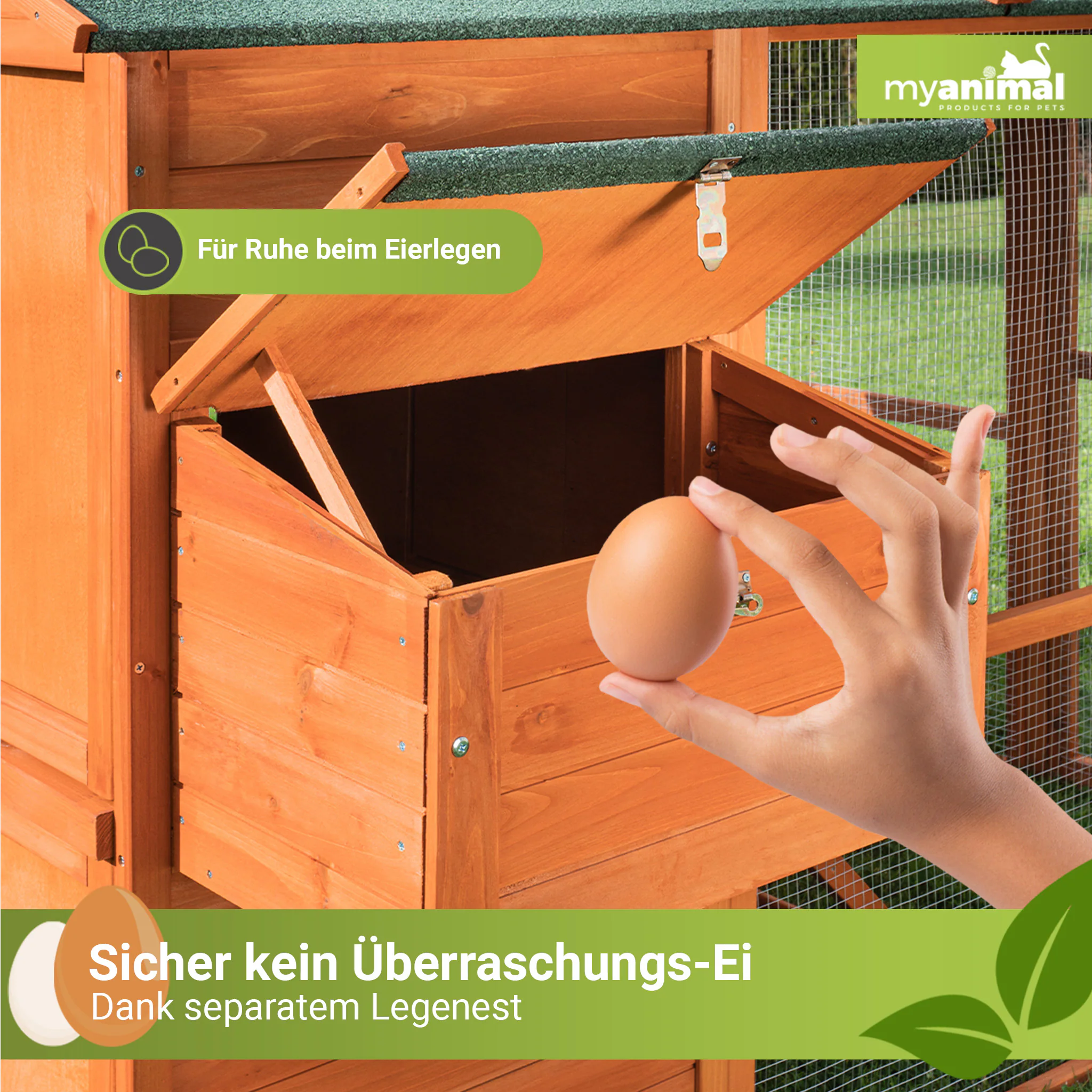MyAnimal Hühnerstall groß für 7 Hühner MH-15, Hühnerhaus auf 2 qm², mit Auslauf, separates Legenest (Braun)