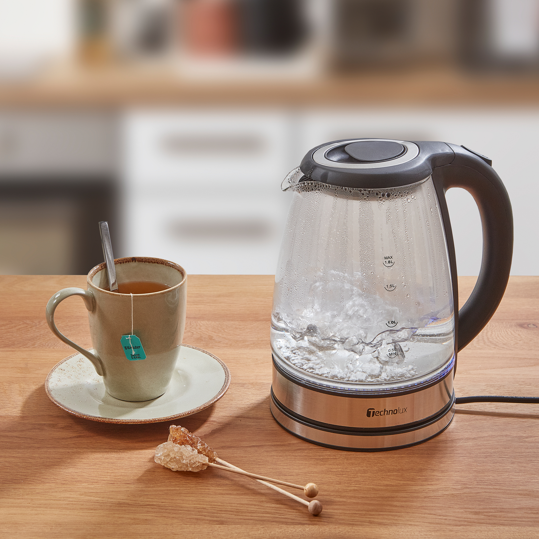 TECHNOLUX Glas-Wasserkocher - schwarz-silber matt - 1,8 Liter