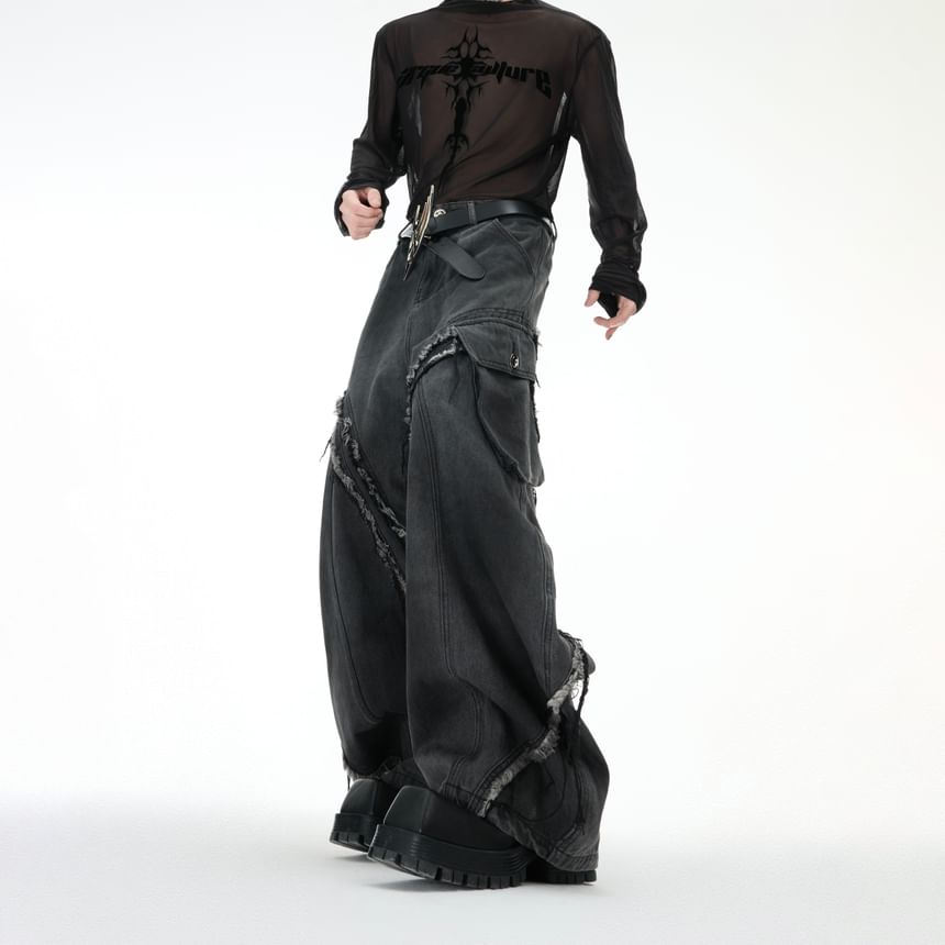 kooklay - Mid Rise Washed Fray Panel Wide Leg Cargo Jeans