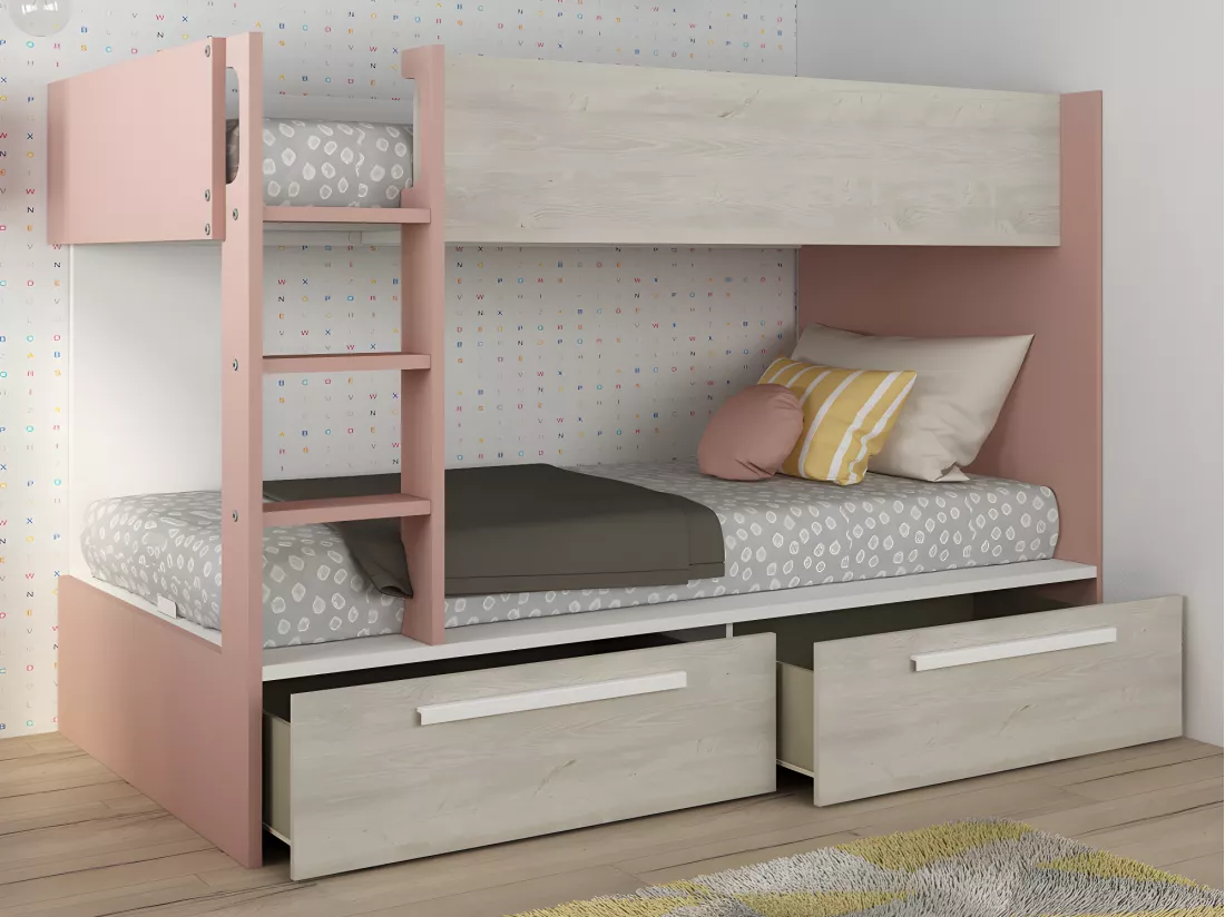 Lits superposés 2 x 90 x 200 cm - 2 tiroirs - Rose, naturel et blanc - TINOLI