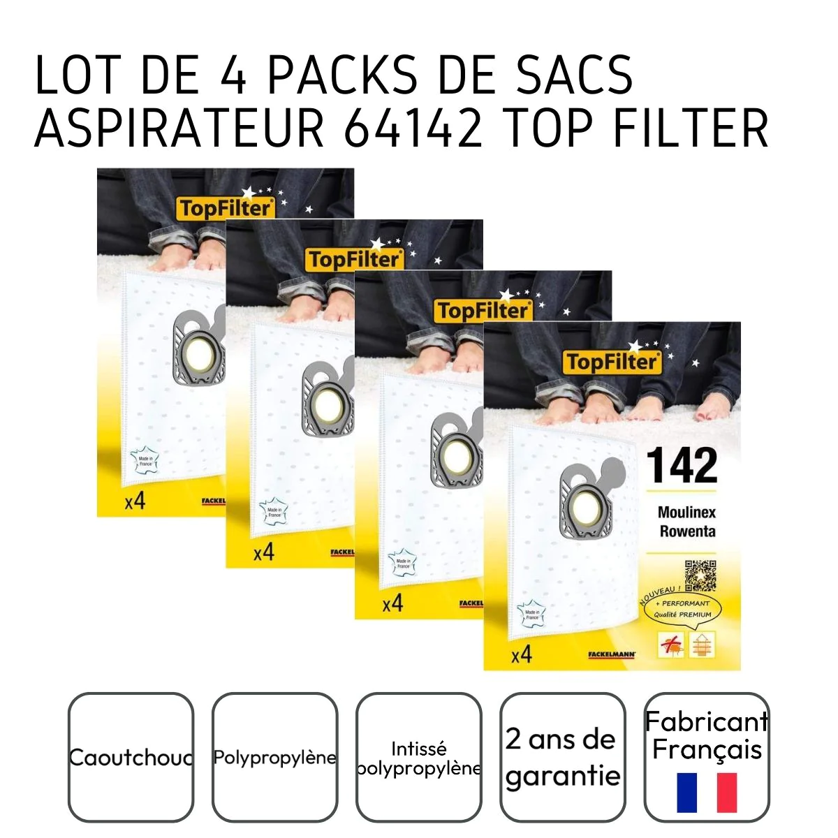 Lot de 4 packs de 4 sacs aspirateur 64142 Rowenta et Moulinex Premium