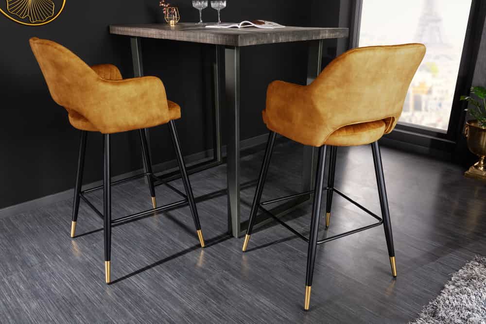 Design Barhocker PARIS senfgelb Samt mit Lehne Metall schwarz gold Ziersteppung