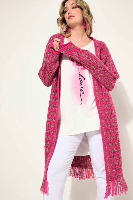 Long-Strickjacke, Straight Fit, Fransensaum