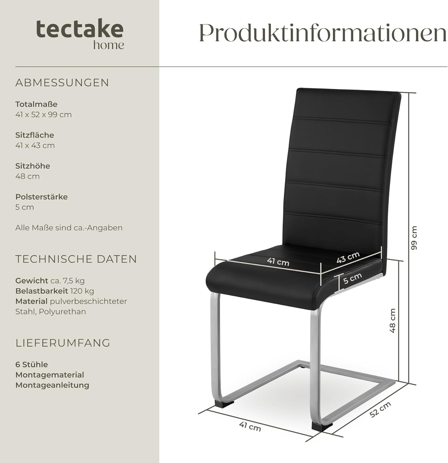 tectake Freischwinger Schwingstuhl, Stuhl 6er Set, Moderne Esszimmerstühle oder Küchenstühle mit strapazierfähigem Kunstleder Bezug - schwarz