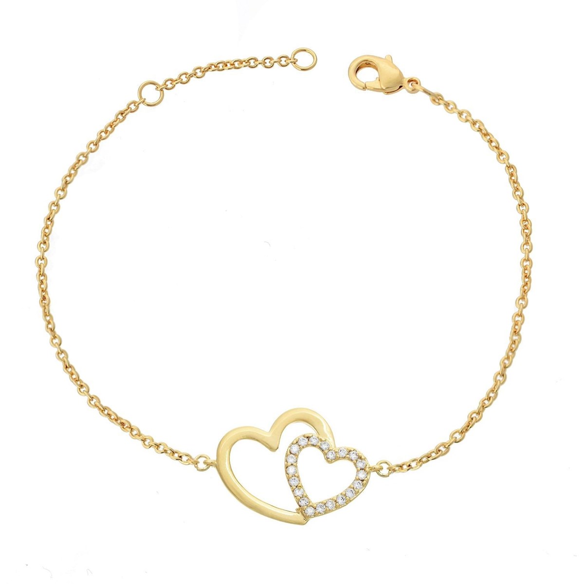 Bracelet 2 coeurs sertis oxyde de zirconium Plaqué OR 750 3 microns