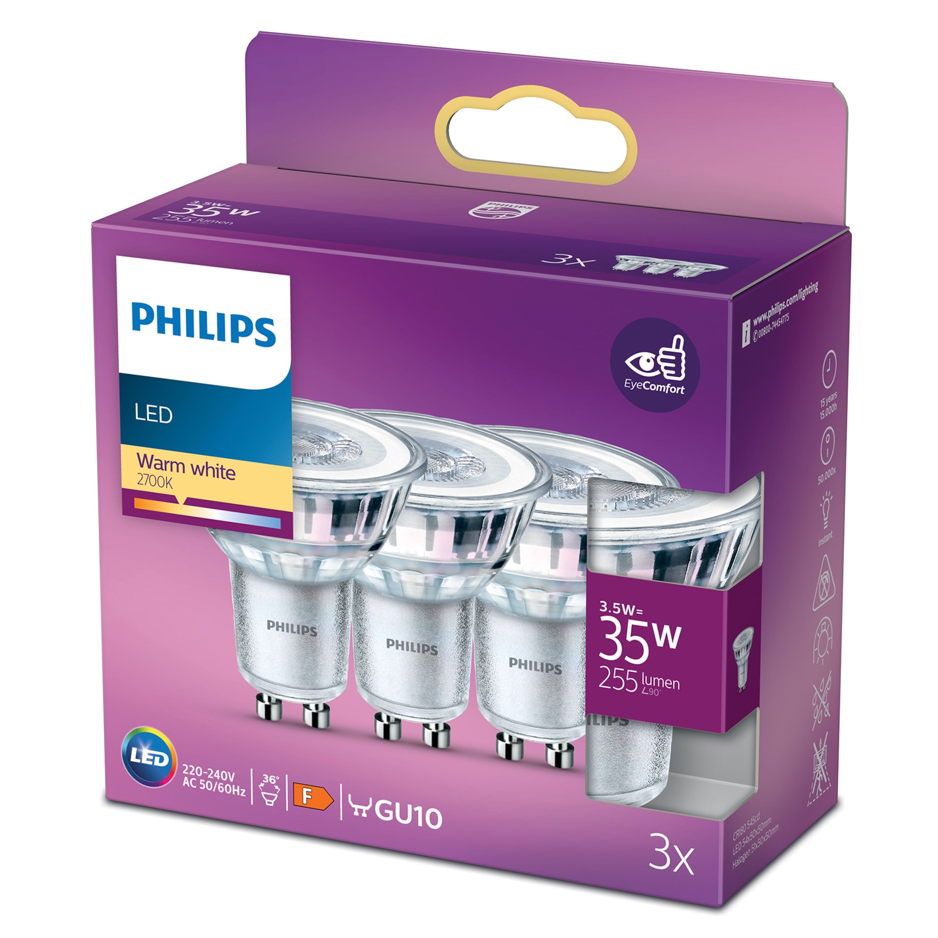 Philips LED-pære GU10 255 lm 3-pk.