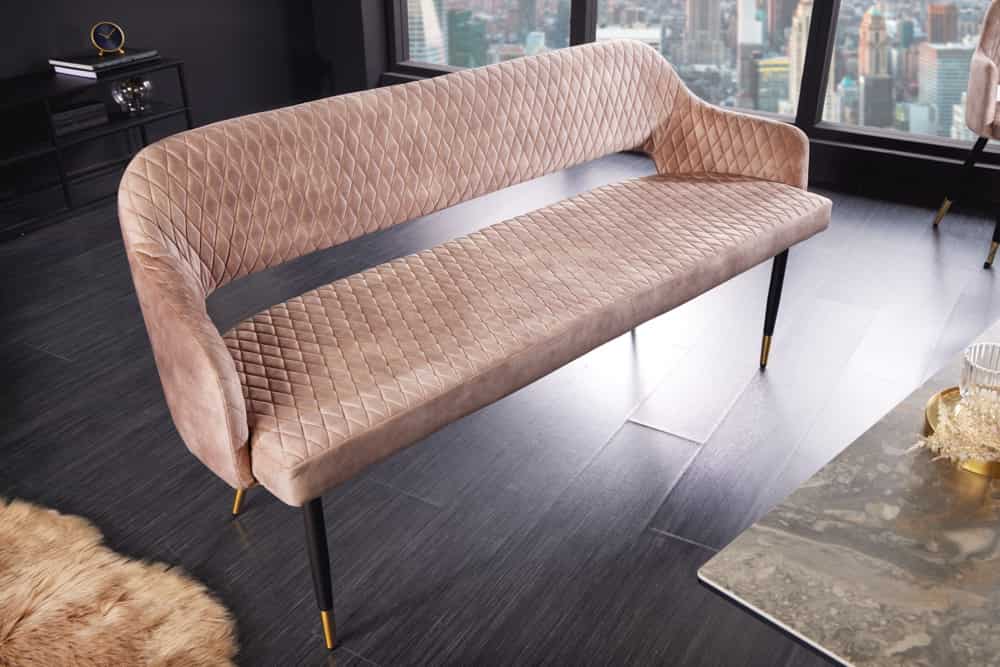 Design Sitzbank PARIS 160cm greige Samt Rückenlehne goldene Fußkappen Retro