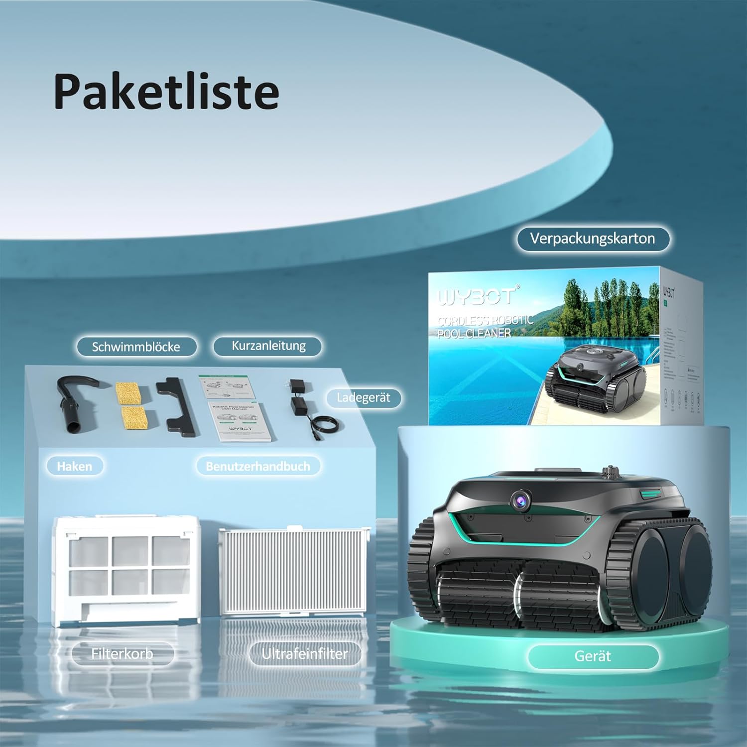 WYBOT C2 Vision AI Kamera Kabelloser poolroboter mit Akku, poolroboter Boden und Wand, Zweischicht-Filterung, leistungsstarke Absaugung, für Eingelassene Pools bis zu 180㎡(Schwarz Grün)