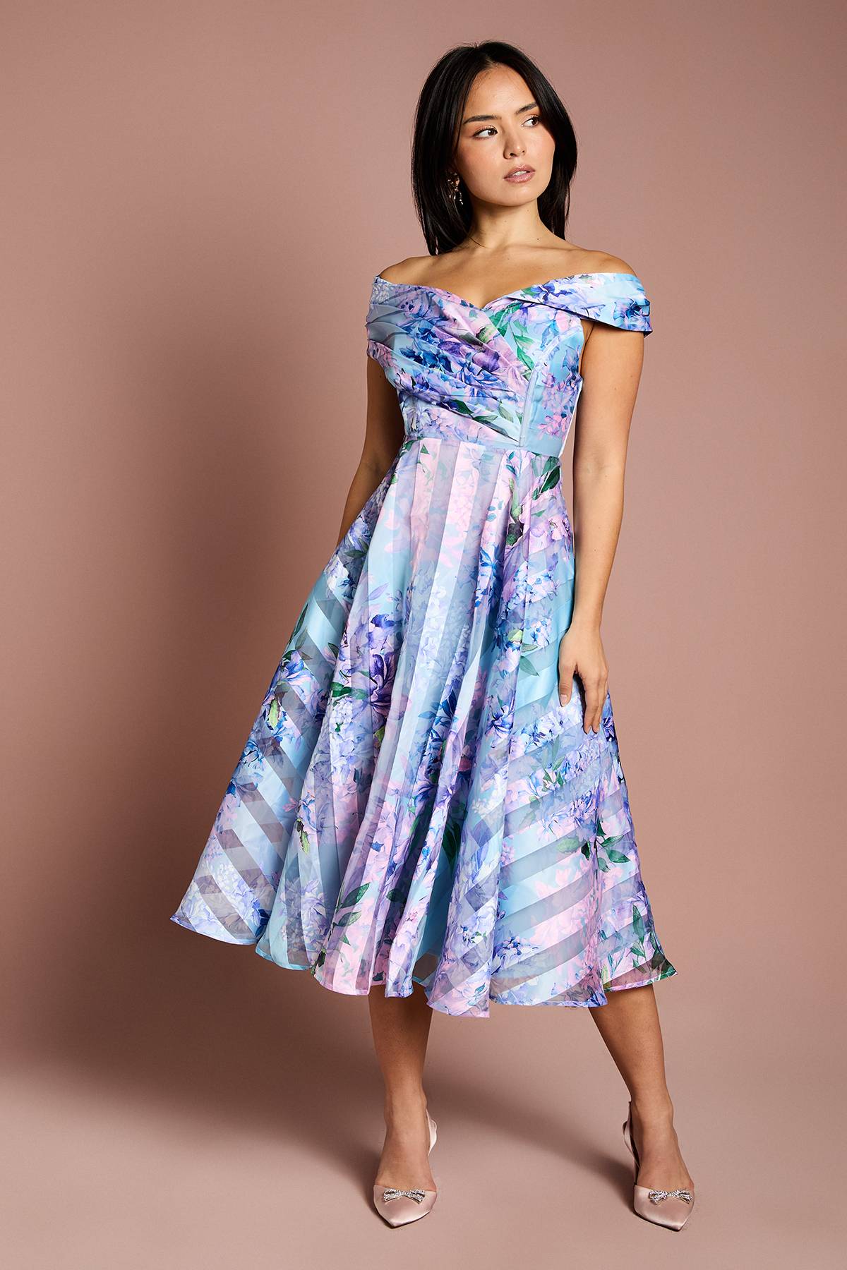Coast Robe Midi Petite à Rayures en Organza avec Haut Plissé