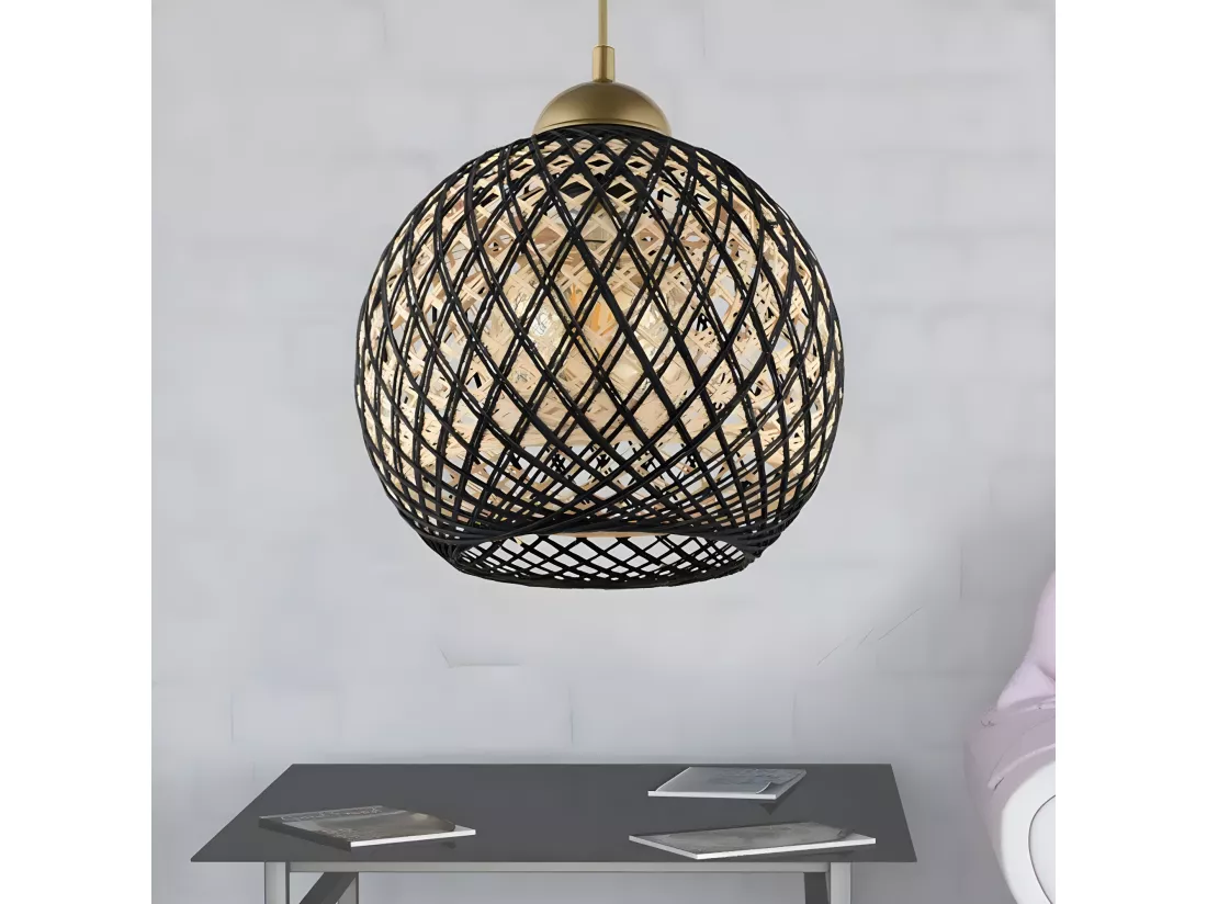 Suspension Berleda D22cm Métal Or et Coton Noir et Beige