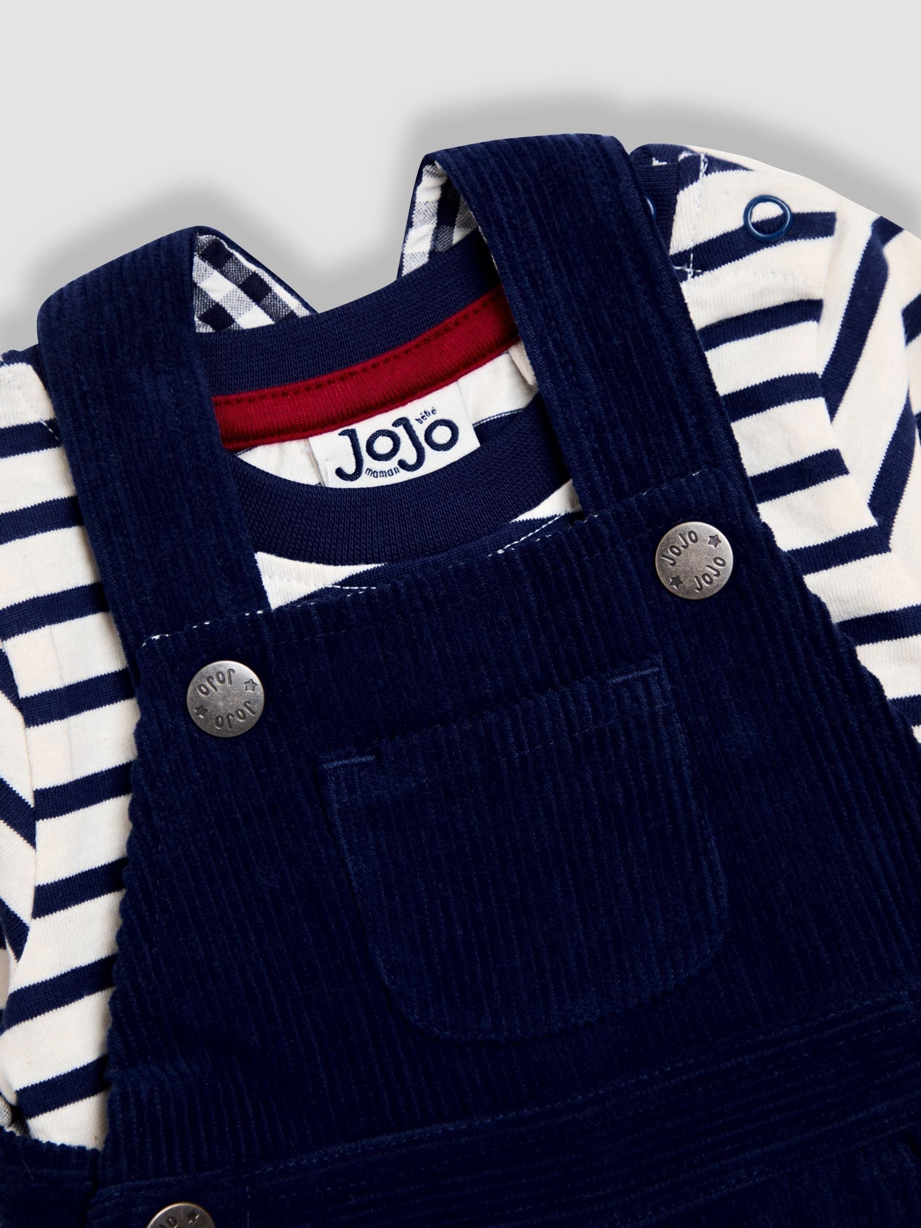 Donkerblauw - JoJo Maman Bébé 2-delige set van klassieke corduroy bretelbroek en gestreepte top