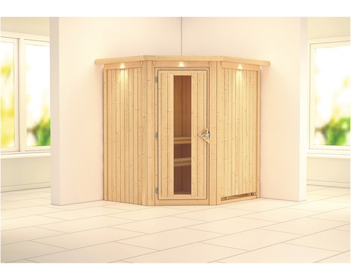 Plug & Play Sauna Karibu Achat III zonder kachel, met dakrand en houten deur met isolatieglas, thermisch geïsoleerd