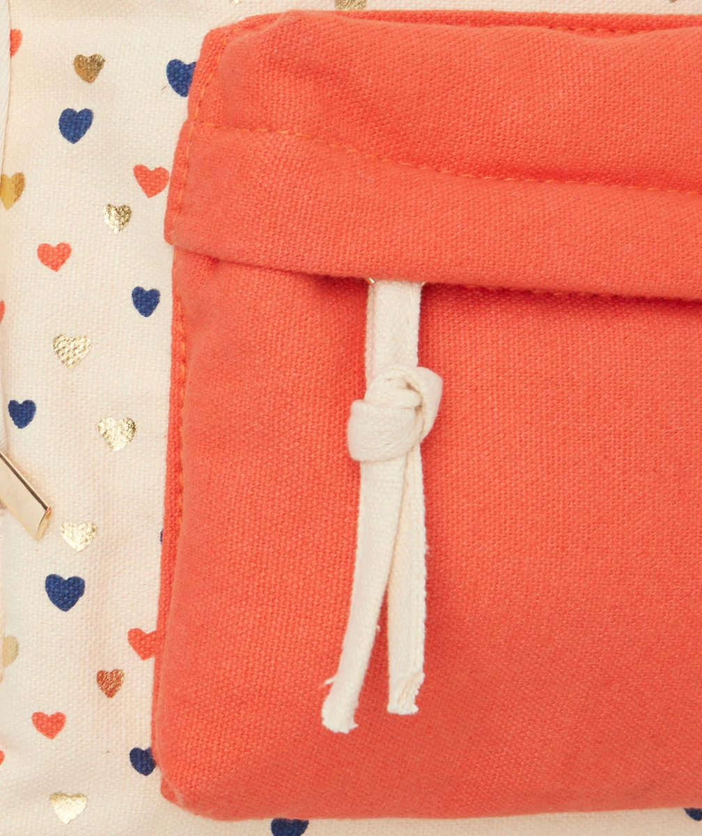 SAC À DOS BÉBÉ FILLE ÉCRU ET ORANGE AVEC IMPRIMÉ COEUR