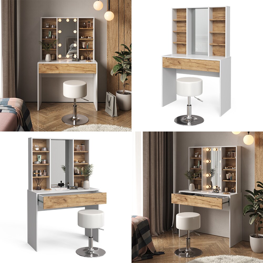 Vicco Schminktisch Alexa 93 x 147 cm Weiß Eiche, Hocker, Frisiertisch, modern
