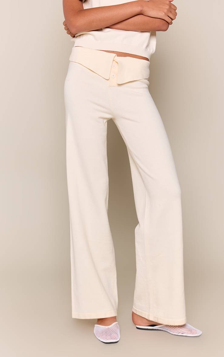 Crème Pantalon Large En Maille À Taille Repliable