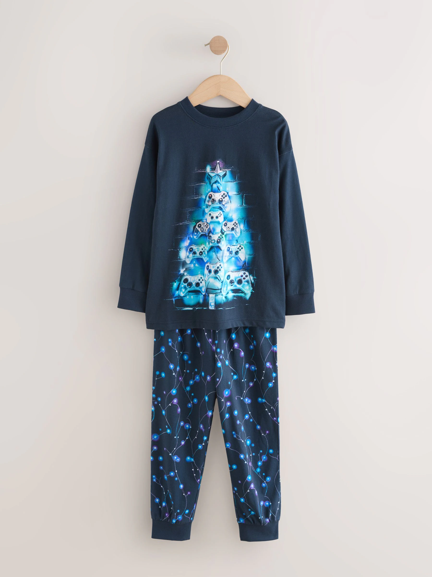 Navy/Blue Gamer Tree - Enkele kerstpyjama (5-16jr)