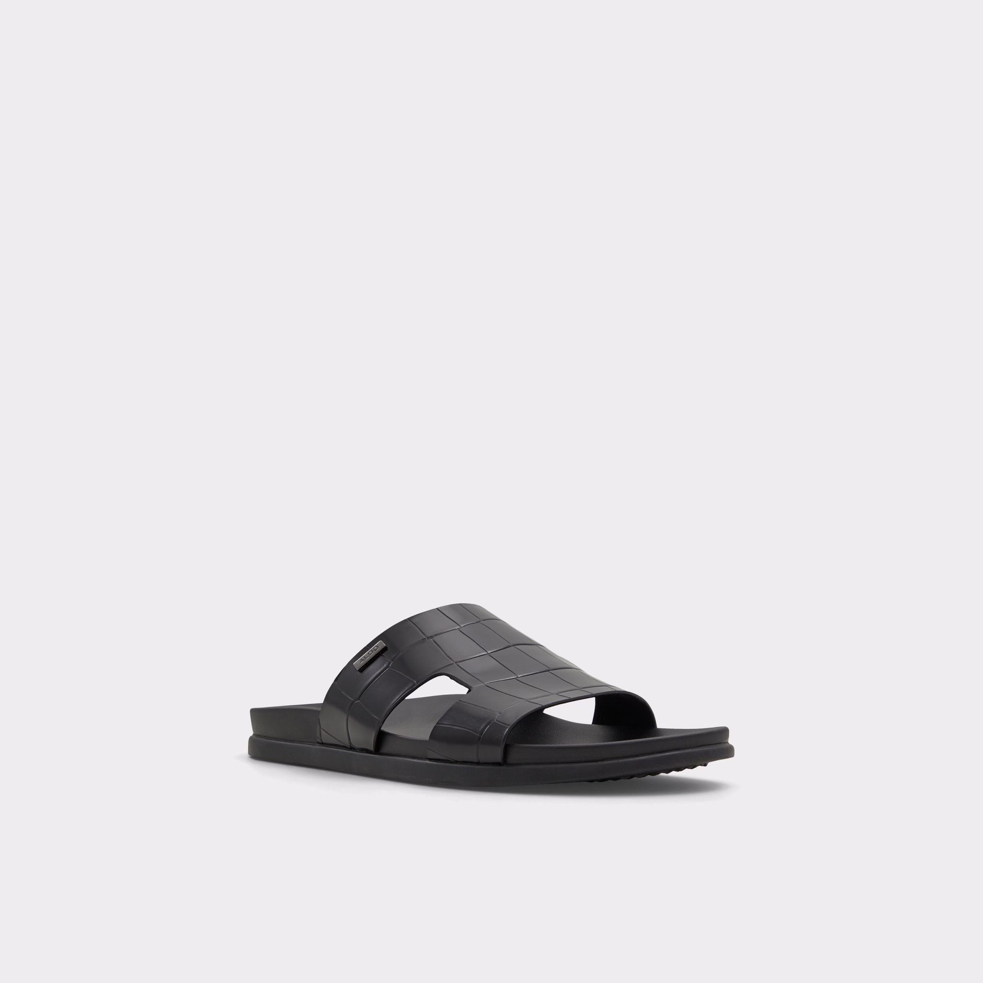 Mondi Black Leather Croco Men Sandals & Slides
