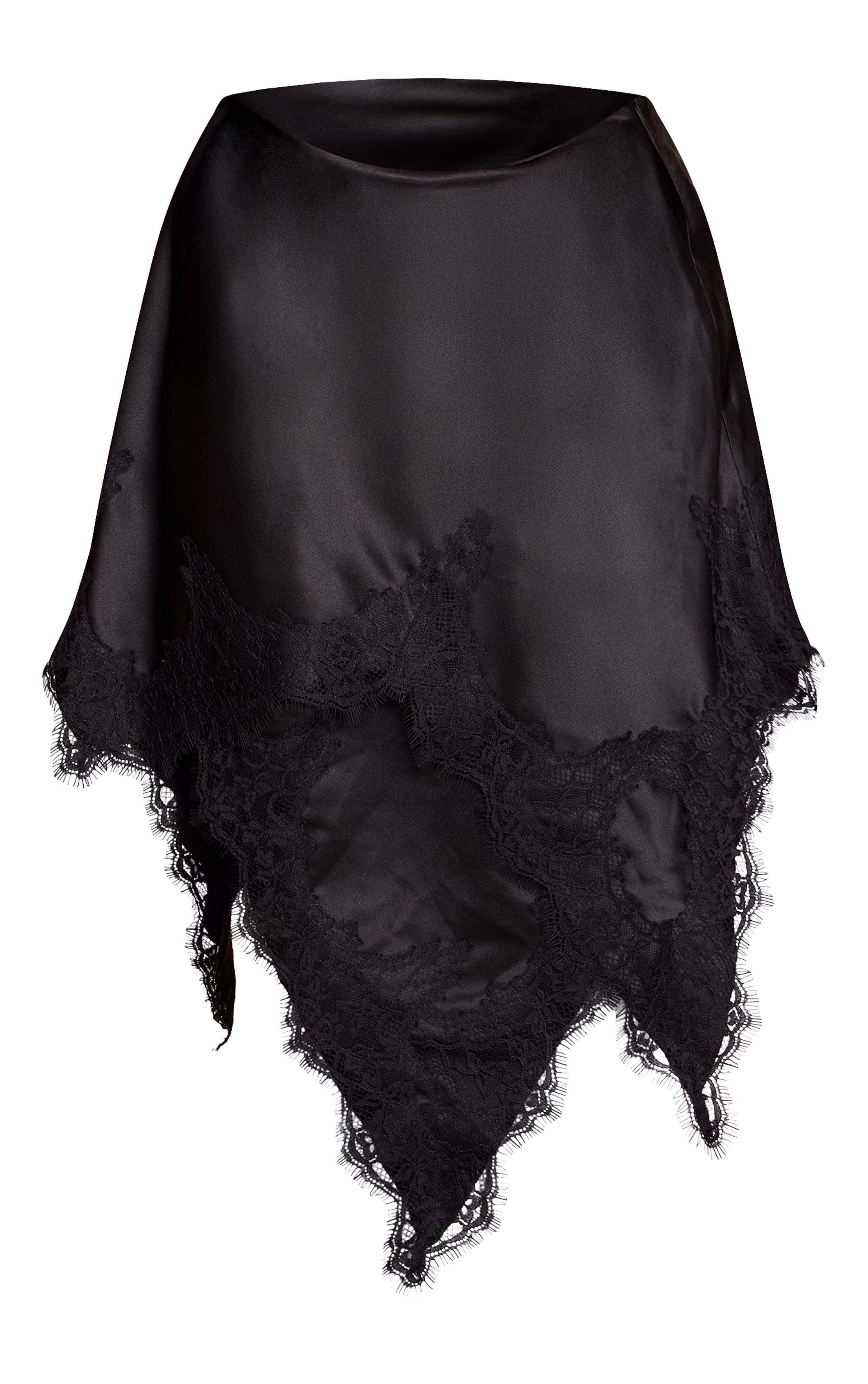 Noir Jupe Asymétrique À Ourlet Mouchoir En Satin Et Dentelle