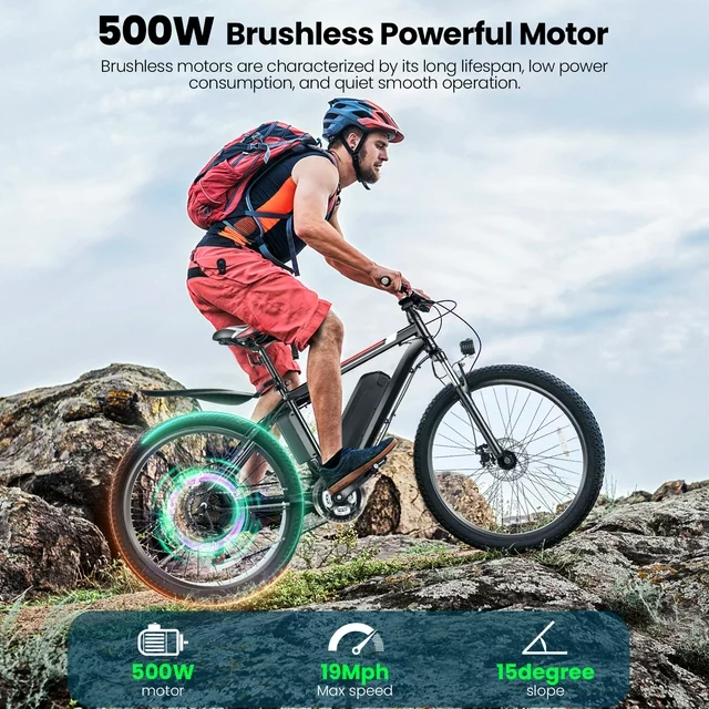 Bicicleta elétrica Gocio 500W, aro 26, para adultos, com sistema de controle de cruzeiro, bicicleta elétrica de montanha com bateria removível de íon-lítio de 375Wh, autonomia de 80 km, 21 velocidades, bicicleta urbana para homens e mulheres.
