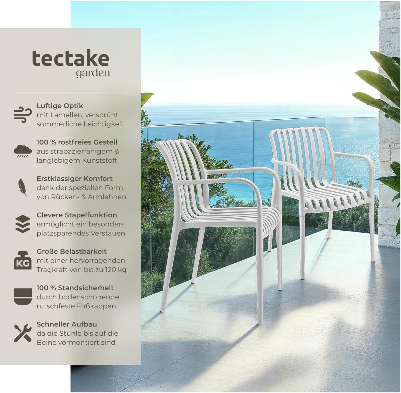 tectake® Gartenstühle stapelbar, Gartenmöbel Set, Balkon Möbel, Bistro Set, Sessel, Outdoor Möbel, Balkonmöbel, Terrassenmöbel - weiß, 6er Set