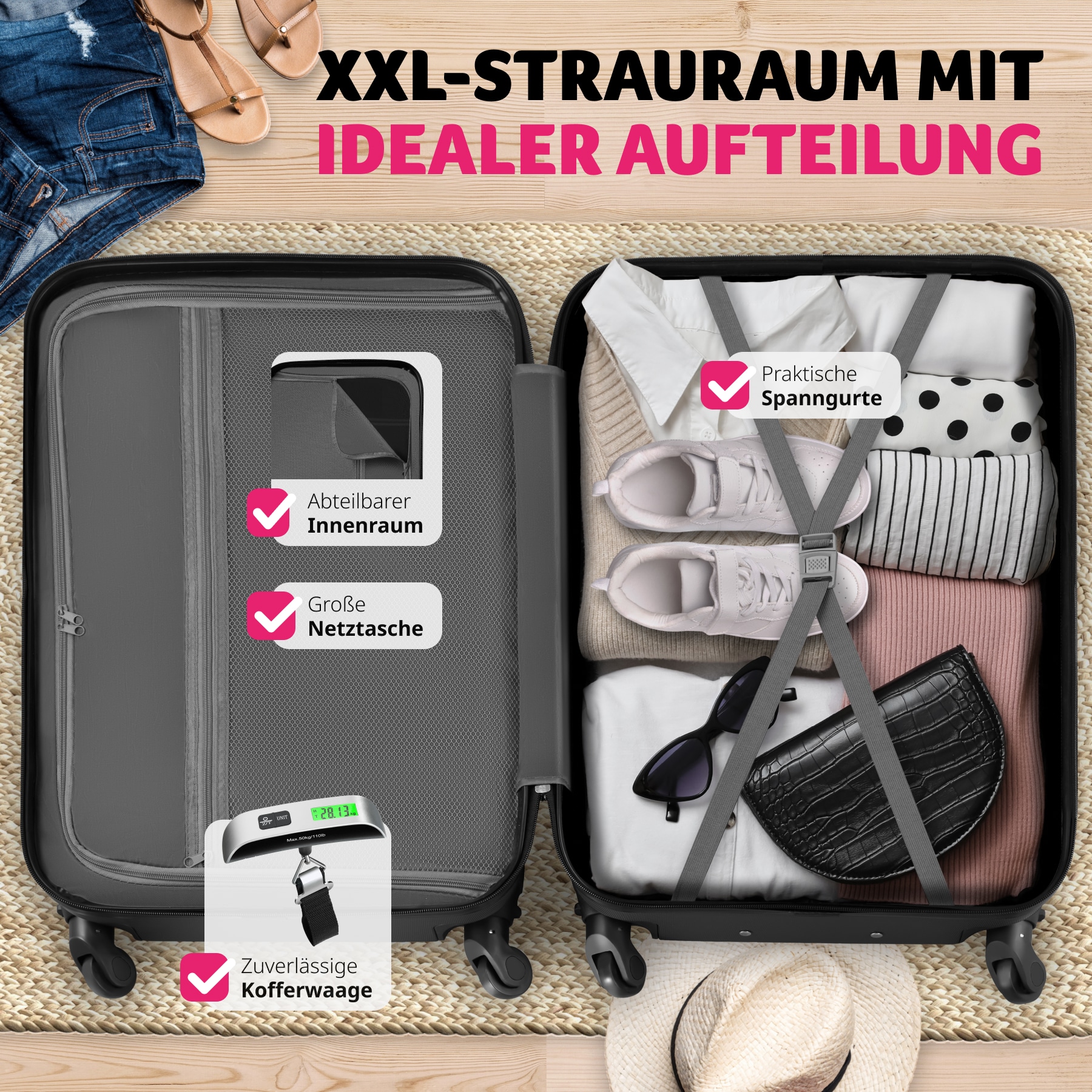 tectake® 3er Kofferset, 3-teilig aus robustem ABS-Kunststoff inkl. Kofferwaage und -anhänger, 360° drehbare, abnehmbare Rollen, mit Sicherheitszahlenschloss