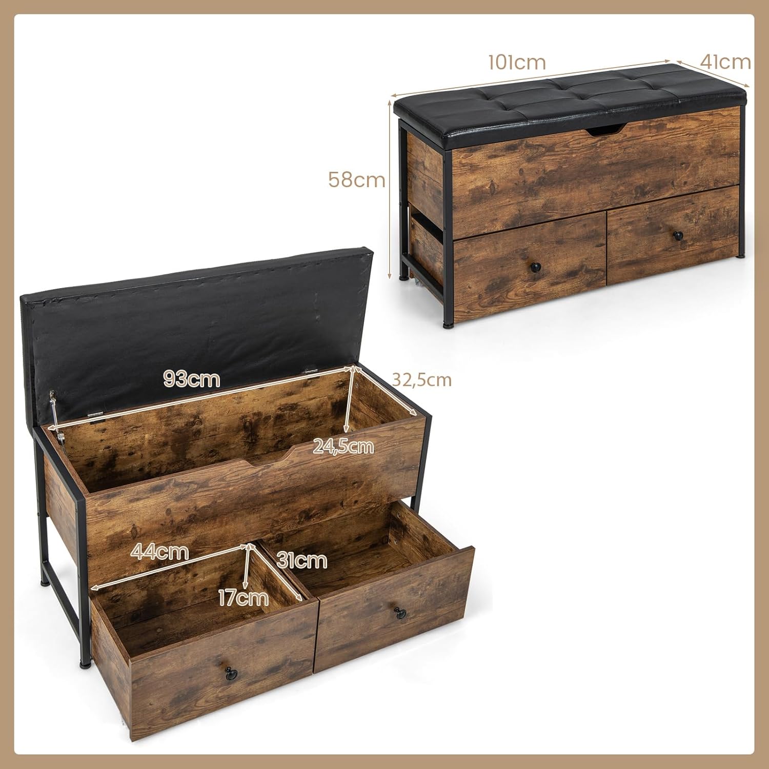 HOMASIS Sitzbank mit Stauraum, Schuhbank mit gepolstert Sitzfläche, Sitztruhe mit 2 Schubladen, aufklappbar Schuschrank mit verstellbaren Fußstützen, Betttruhe Vintage, 150kg belastbar, 101x41x58cm