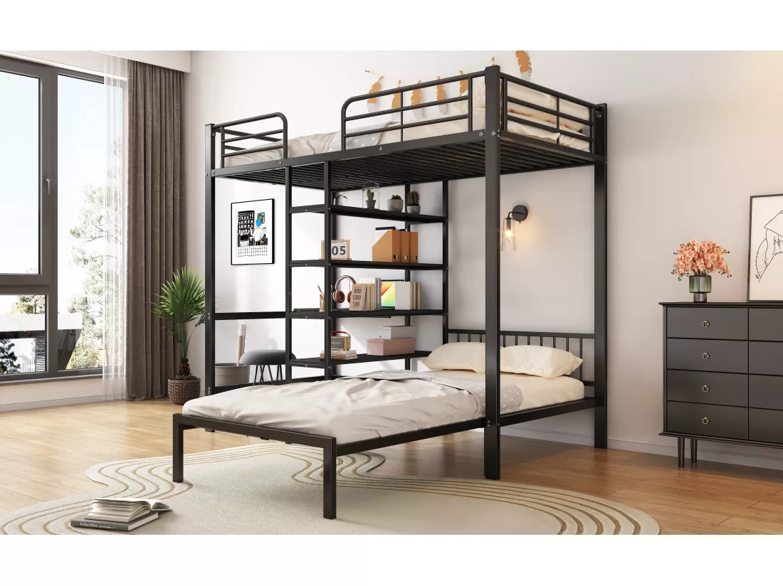 Lit mezzanine 2 x 90 x 200 cm - bureau et étagères de rangement - métal et bois MDF - noir