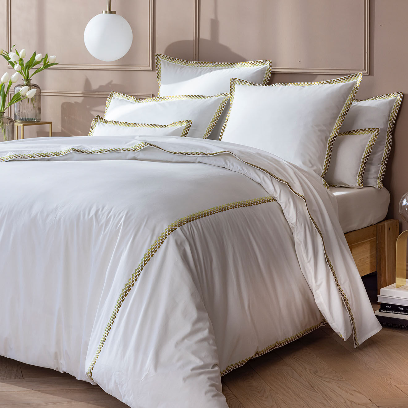 Perle de Coton Parure housse de couette en Percale de Coton Alcott blanc/doré