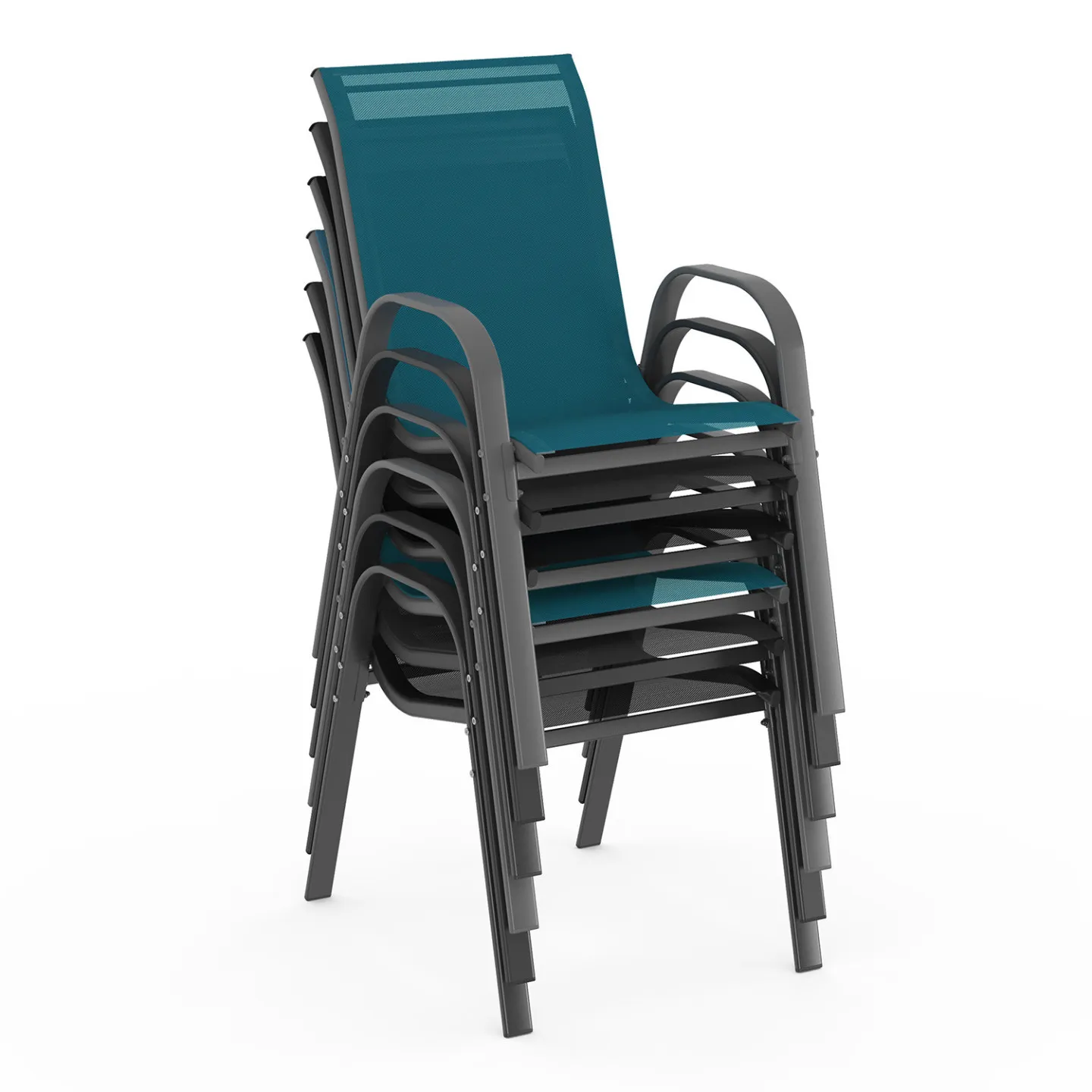 Salon de jardin MADRID table 150 CM et 6 chaises empilables mix color gris, noir et bleu