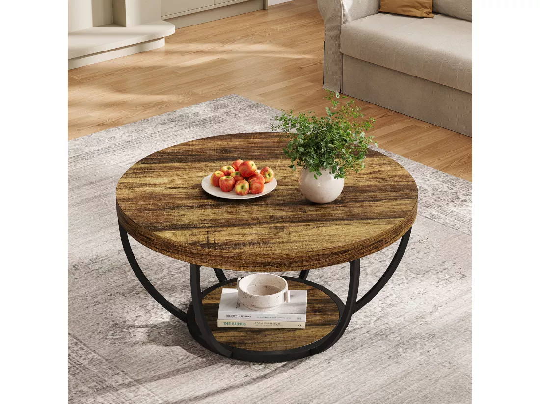 Table basse ronde industrielle à 2 niveaux avec étagères de rangement, table centrale moderne en bois de 80 cm