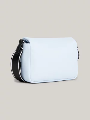 Bolsa transversal pequena com aba e logotipo