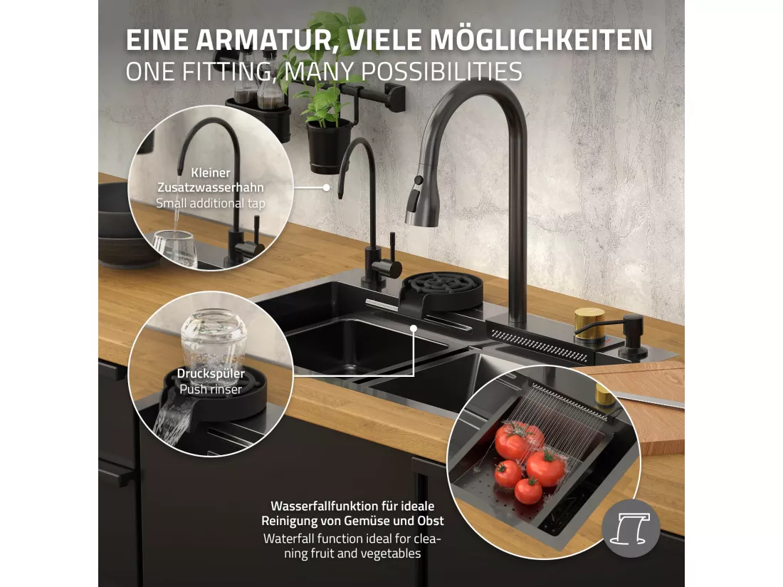 Évier de cuisine encasté multifonctions robinet douchette 68x46 cm anthracite