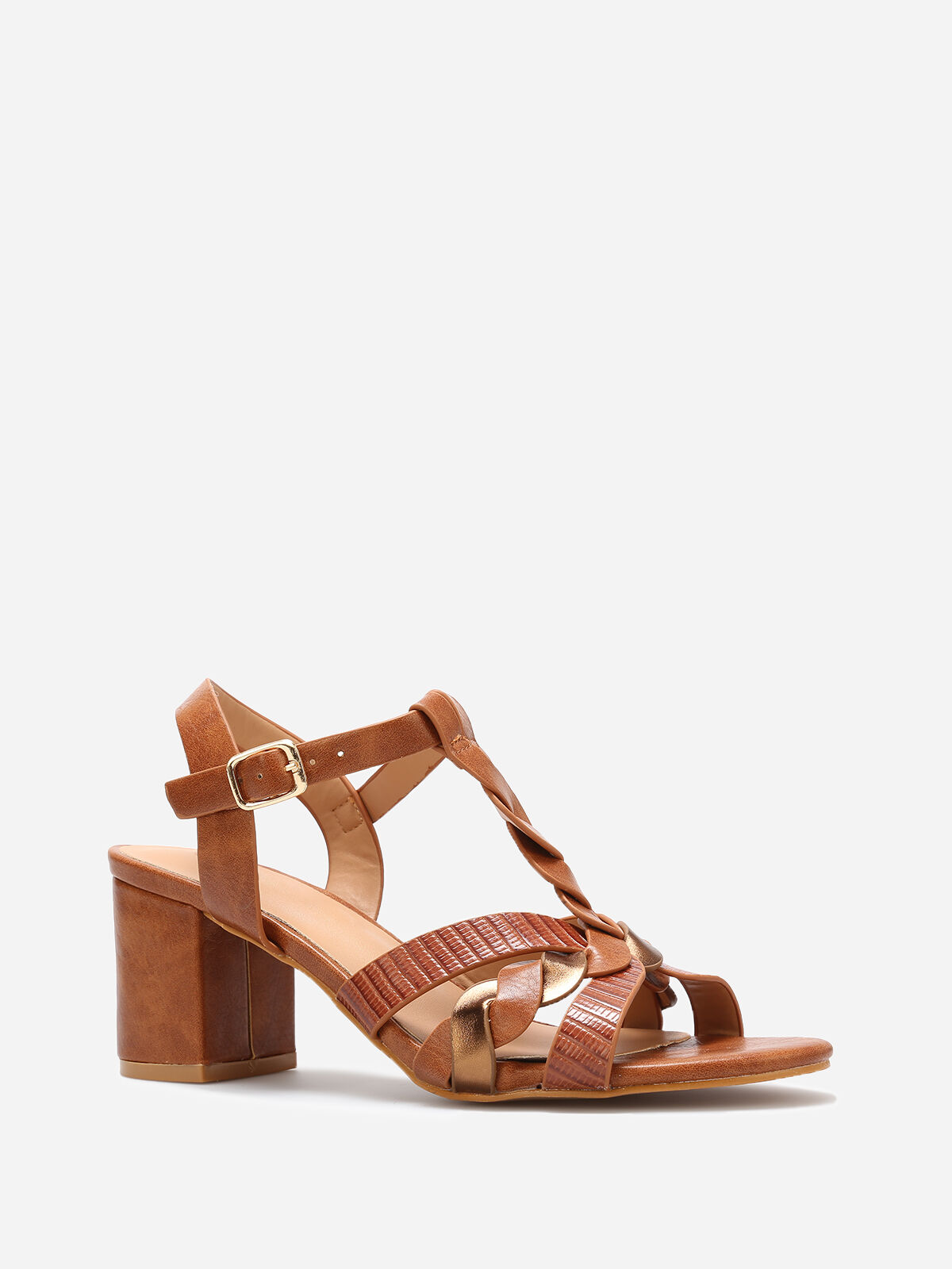 Sandales à brides tressées en T- Camel