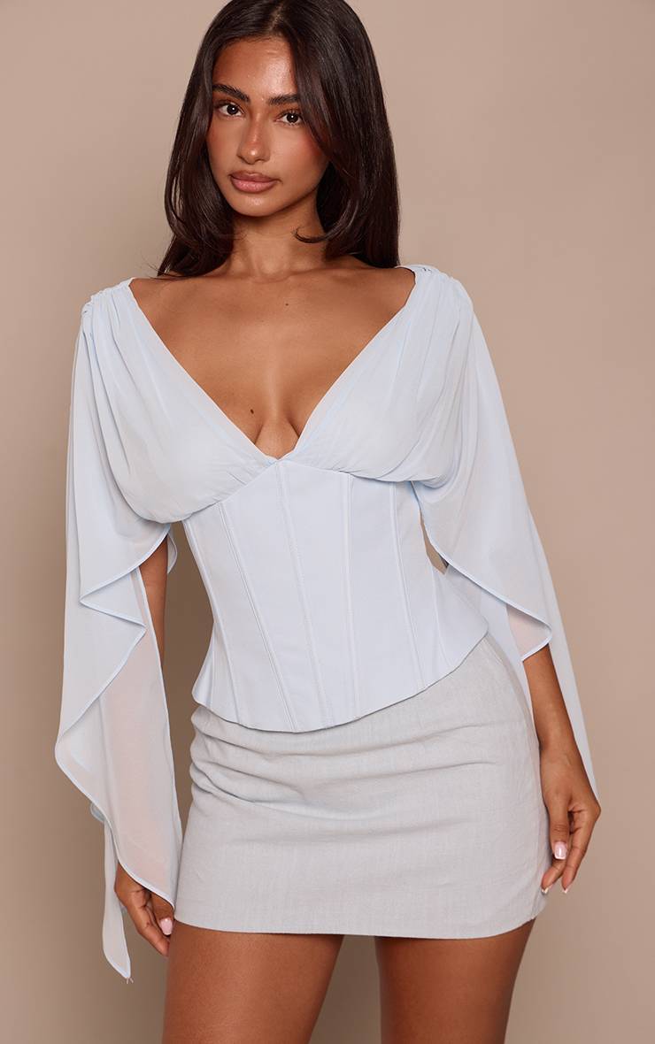 Bleu Poudré Haut Petite En Mousseline À Manches Drapées Et Taille Corset