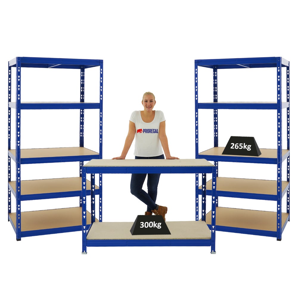 PROREGAL Mega Deal: 2x Tiger Heavy Duty stellingkast & 1x Tiger werkbank, plankdraagvermogen 300 kg, blauw