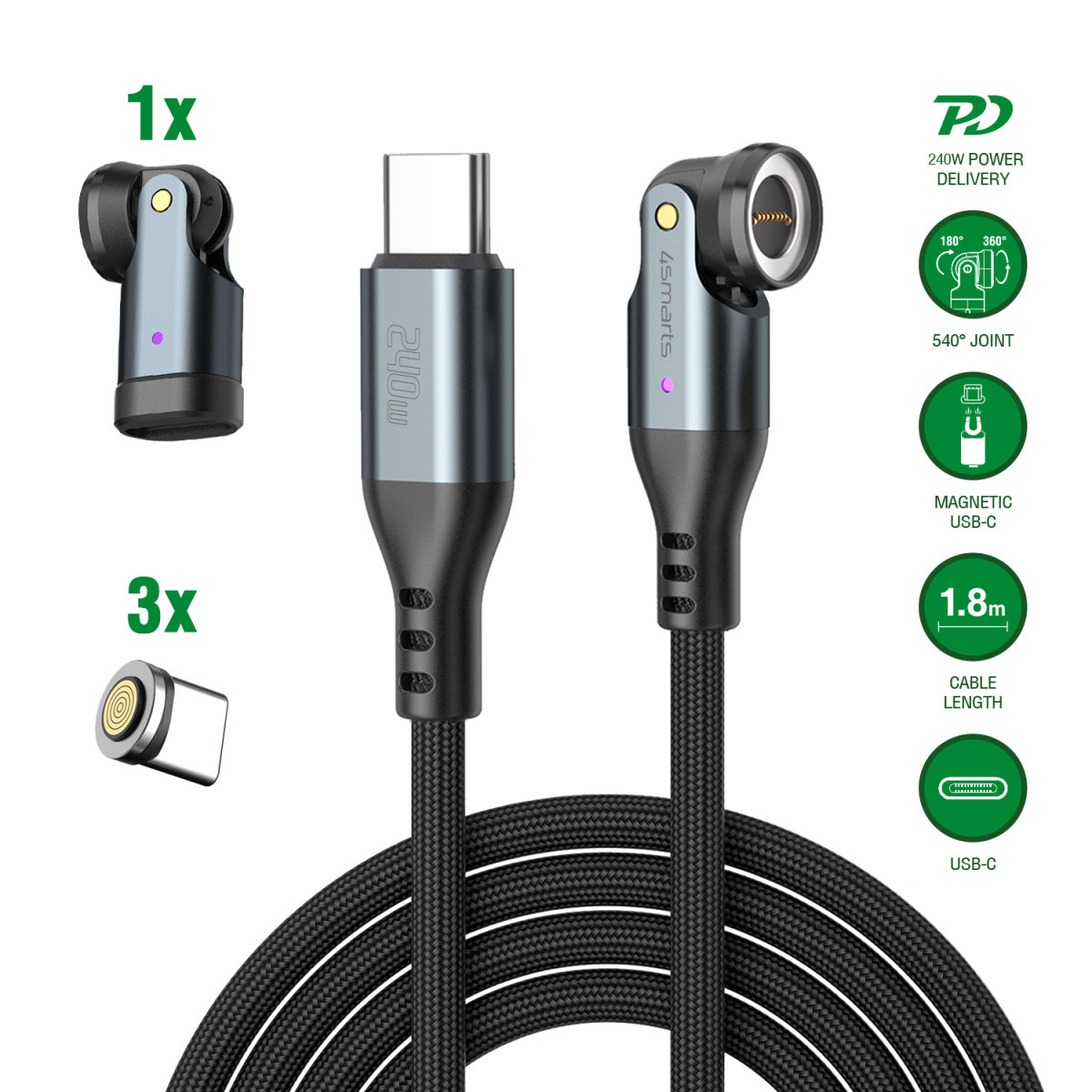 (1.8m) 3in1 USB C auf USB C / Micro USB / Lightning Ladekabel Magnetisches Nylon 540° Datenkabel mit LED (541237) - Schwarz