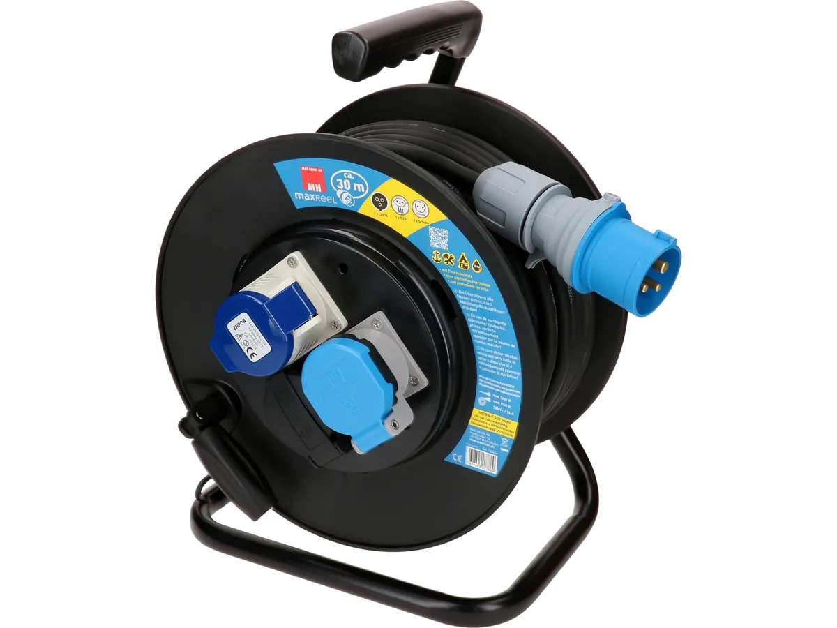 Kabelrolle IP44 1x Typ 23 IP55, 1x CEE16 -3, 1x Schuko 30m schwarz