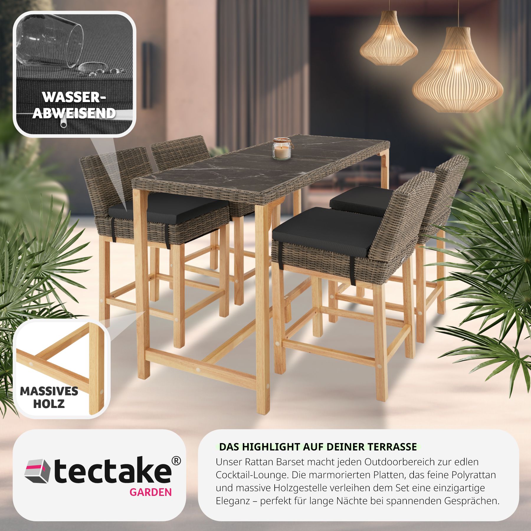 tectake® Rattan Tisch Lovas mit 4 Stühlen Latina, mit Aluminiumgestellen, wetterfest und UV-beständig, Beine aus Holz