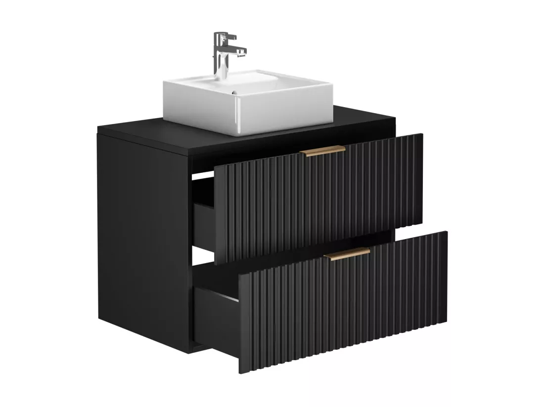 Meuble de salle de bain suspendu strié avec vasque à poser et colonne - Noir - 80 cm - ZEVARA