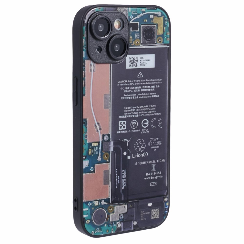 iPhone 15 Hybrid Hülle TPU Bumper mit Acryl Rückseite im Batterie Platine Mainboard Design 2   Kameraschutz - Schwarz