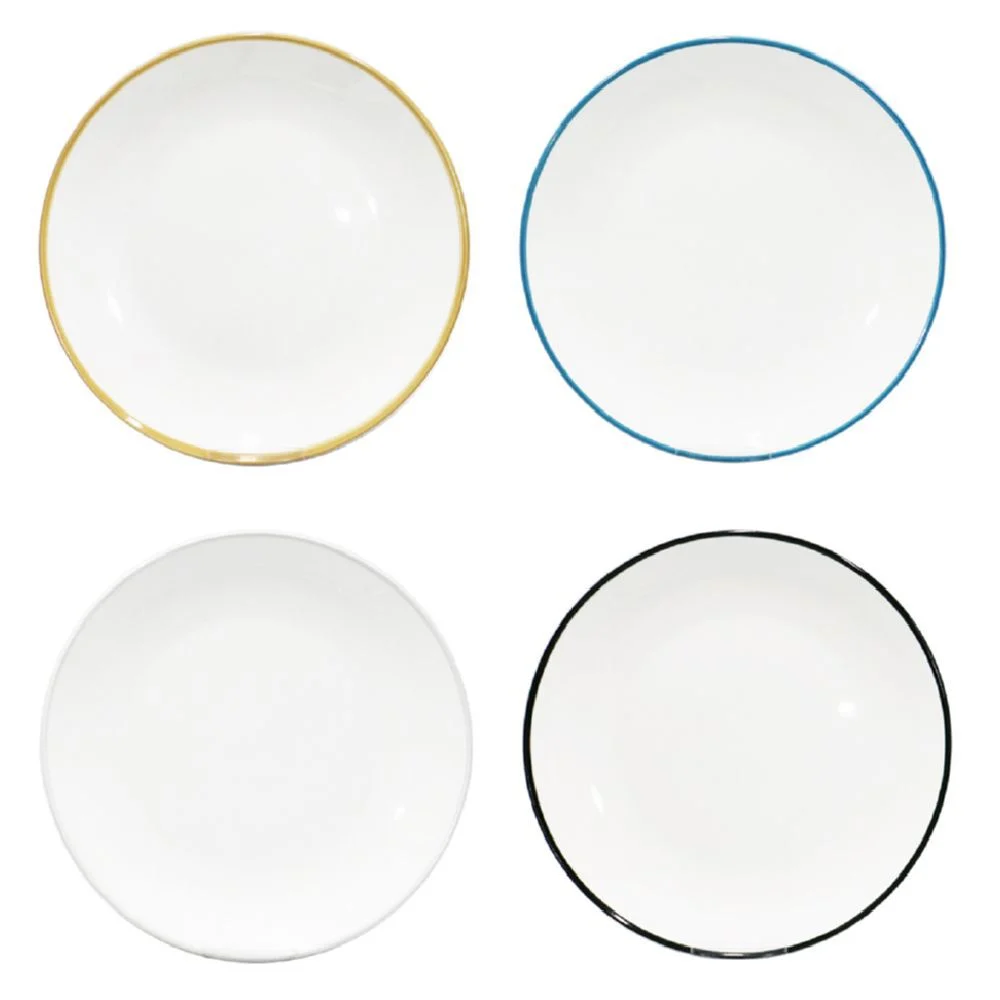 Lot de 4 assiettes plates rondes porcelaine blanche avec liseré coloré