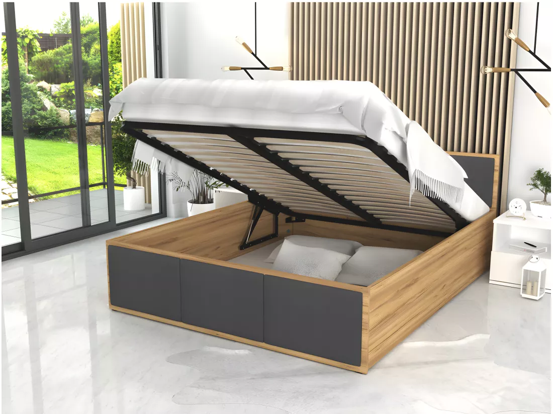 Lit Panama T 140x190 + coffre - Sommier inclus Chêne - gris foncé