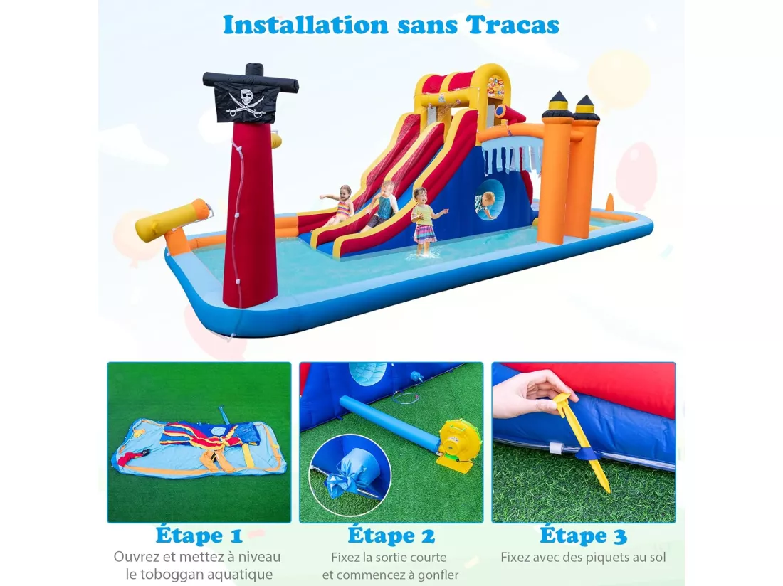Château Gonflable en Forme Boîte avec Toboggan Aquatique & Mur d’Escalade, Aire de Jeux Gonflable avec Canon à Eau, Charge 90kg pour 3 Enfants de 3-10 Ans, 693x295x263 CM
