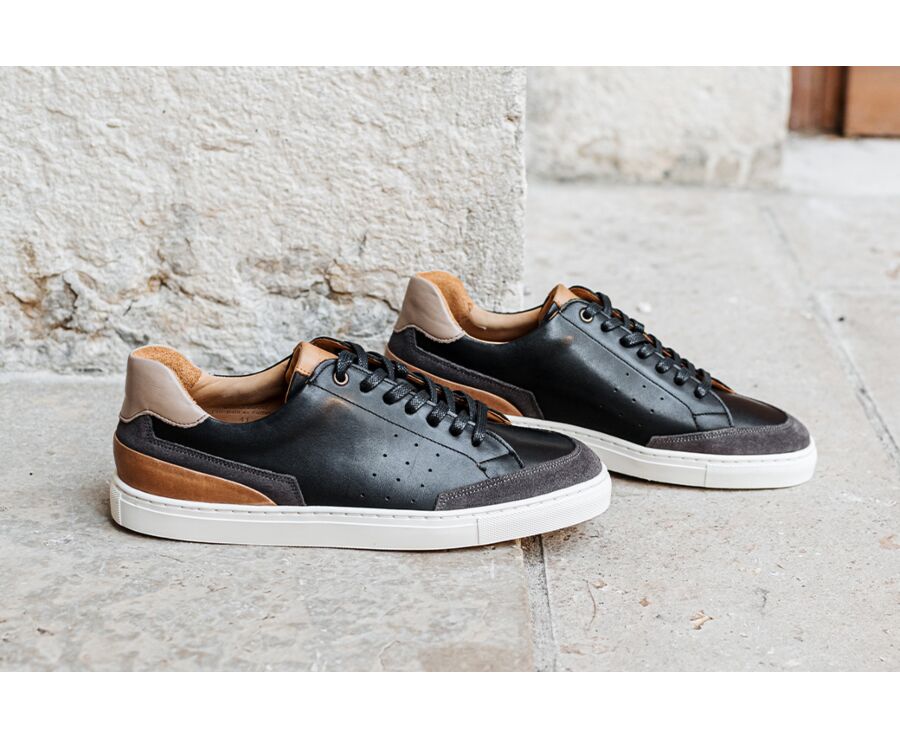 Sneakers homme Cuir Noir et Velours Gris - BELOKA