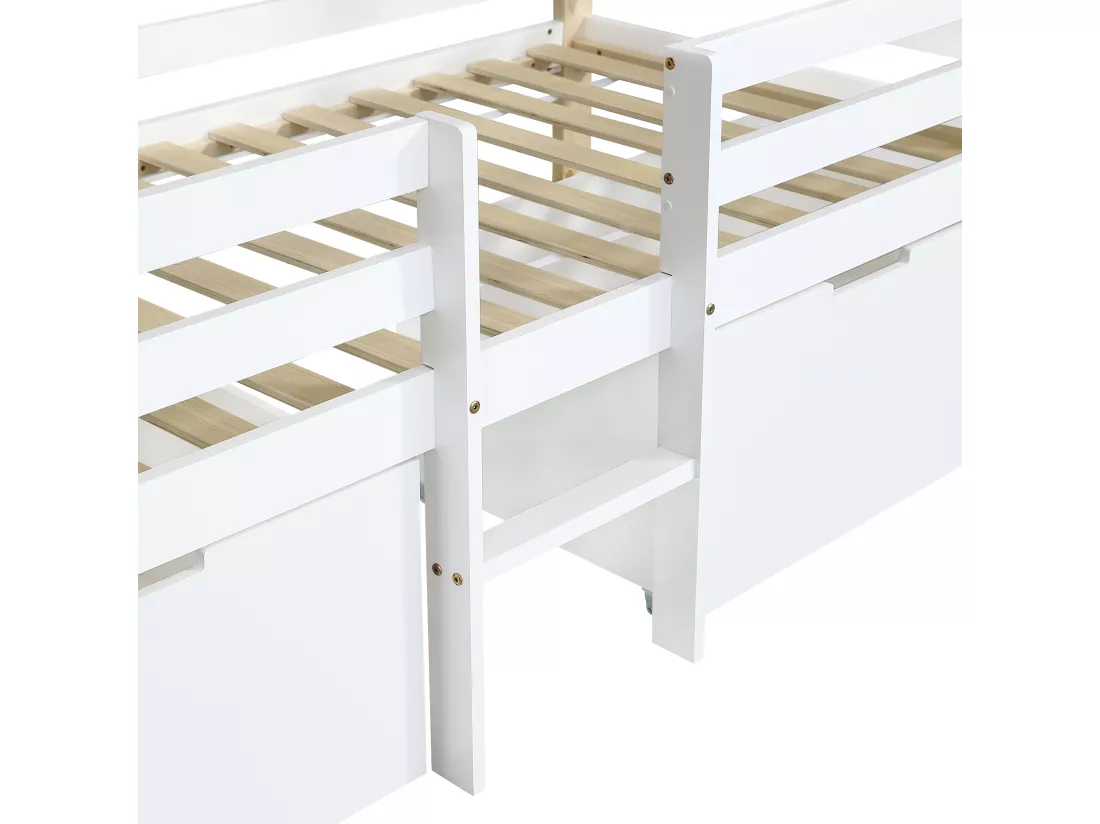 Lit mezzanine en bois 90x200cm - avec 2 tiroirs de rangement - bois massif + MDF - Blanc + Naturel